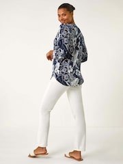 Roman Blue Textured Floral Print V-Neck Stretch Shirt - Image 3 of 5