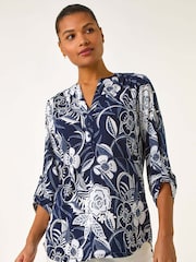 Roman Blue Textured Floral Print V-Neck Stretch Shirt - Image 4 of 5