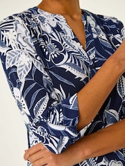 Roman Blue Textured Floral Print V-Neck Stretch Shirt - Image 5 of 5