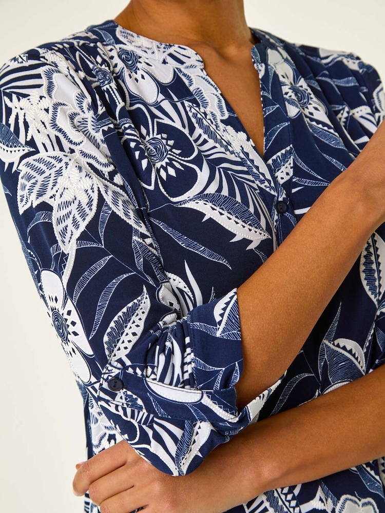 Roman Blue Textured Floral Print V-Neck Stretch Shirt - Image 5 of 5