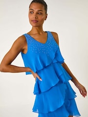 Roman Blue Embellished Hotfix Tiered Chiffon Dress - Image 1 of 5