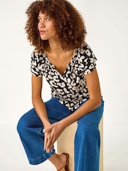 Roman Black Animal Print V-Neck Stretch Top - Image 1 of 5