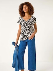Roman Black Animal Print V-Neck Stretch Top - Image 2 of 5