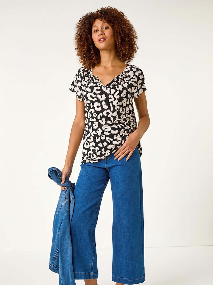 Roman Black Animal Print V-Neck Stretch Top - Image 2 of 5