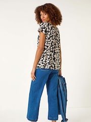 Roman Black Animal Print V-Neck Stretch Top - Image 3 of 5