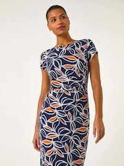 Roman Orange Leaf Print Puff Stretch Midi Dress - Image 1 of 5