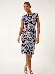 Roman Orange Leaf Print Puff Stretch Midi Dress - Image 2 of 5