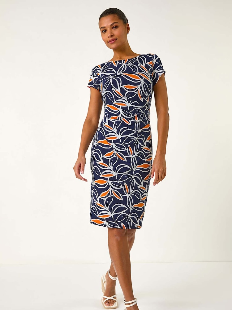 Roman Orange Leaf Print Puff Stretch Midi Dress - Image 2 of 5