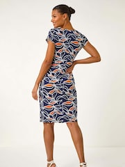 Roman Orange Leaf Print Puff Stretch Midi Dress - Image 3 of 5