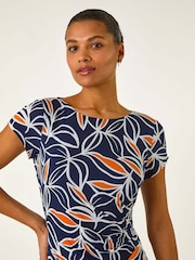 Roman Orange Leaf Print Puff Stretch Midi Dress - Image 4 of 5