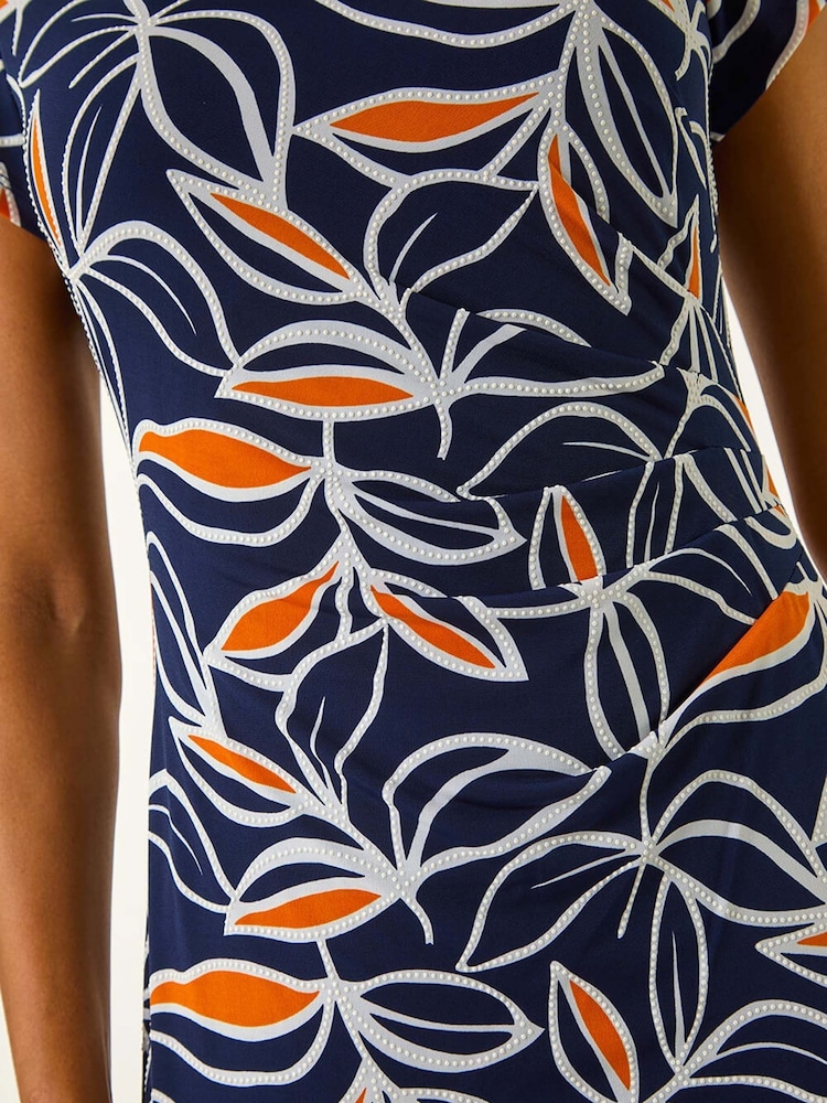 Roman Orange Leaf Print Puff Stretch Midi Dress - Image 5 of 5
