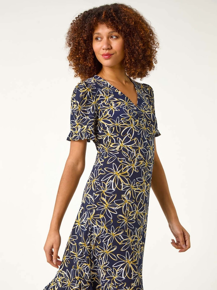 Roman Yellow Floral Print Side Button Dress - Image 1 of 5