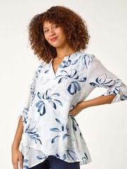 Roman Blue/White Floral Print Pleat Front Top - Image 1 of 5