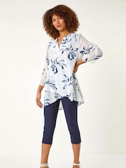 Roman Blue/White Floral Print Pleat Front Top - Image 2 of 5