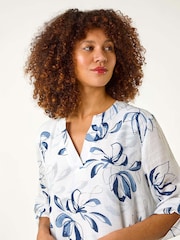 Roman Blue/White Floral Print Pleat Front Top - Image 4 of 5