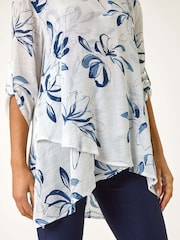 Roman Blue/White Floral Print Pleat Front Top - Image 5 of 5