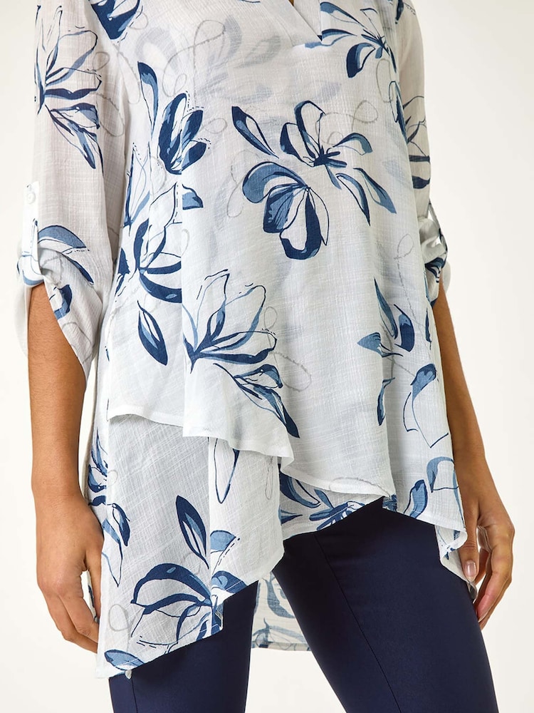 Roman Blue/White Floral Print Pleat Front Top - Image 5 of 5