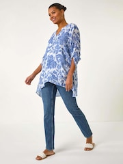 Roman Sky Blue Floral Print Pleat Front Top - Image 1 of 5