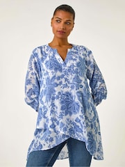 Roman Sky Blue Floral Print Pleat Front Top - Image 2 of 5