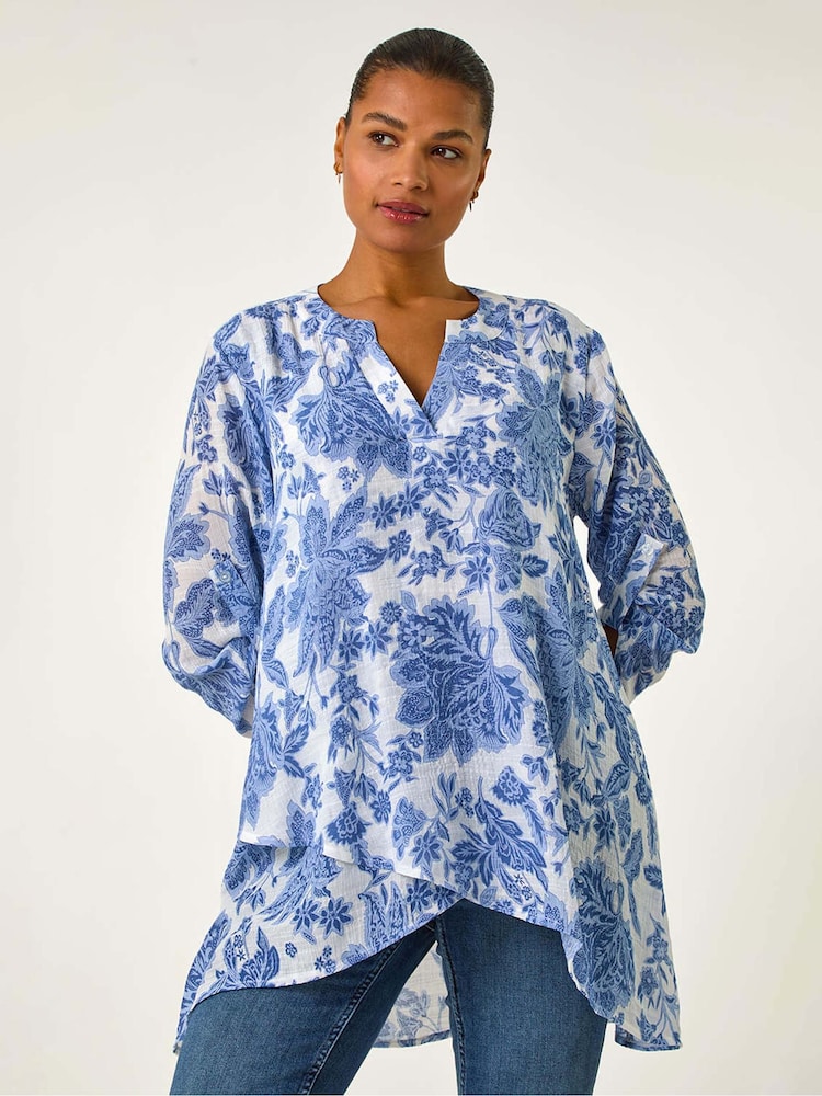 Roman Sky Blue Floral Print Pleat Front Top - Image 2 of 5