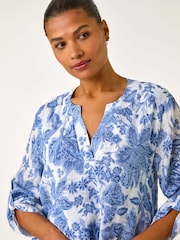 Roman Sky Blue Floral Print Pleat Front Top - Image 4 of 5