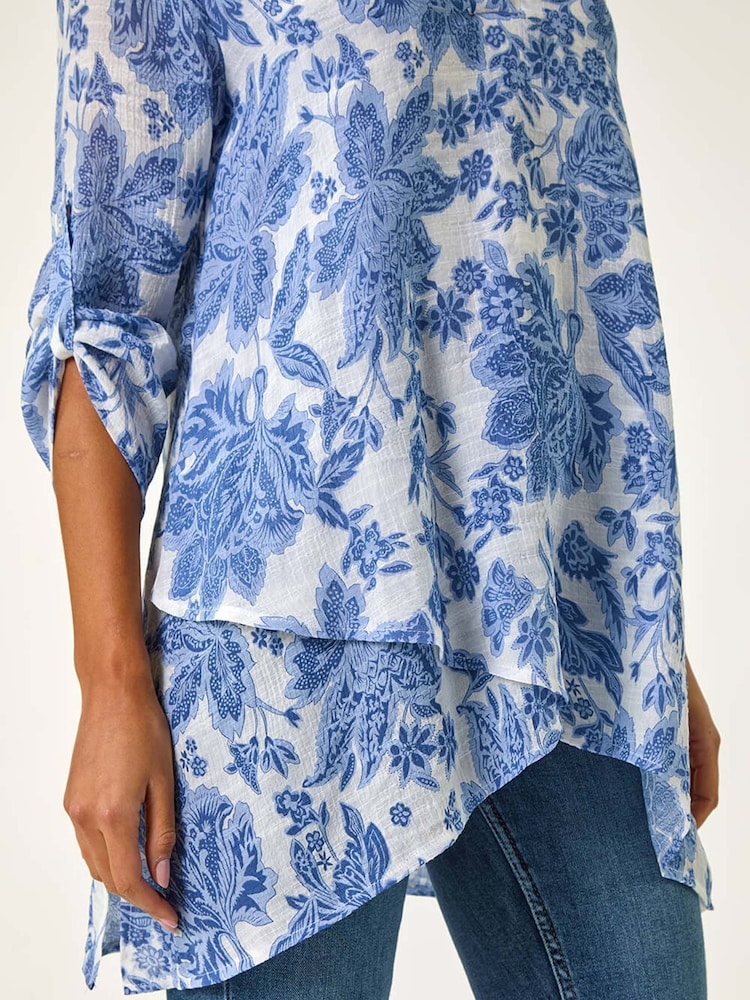 Roman Sky Blue Floral Print Pleat Front Top - Image 5 of 5