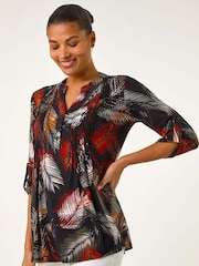 Roman Green Palm Print Pintuck Stretch Shirt - Image 1 of 5