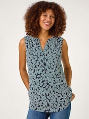Roman Blue Textured Leaf Print Stretch Top - Image 1 of 5