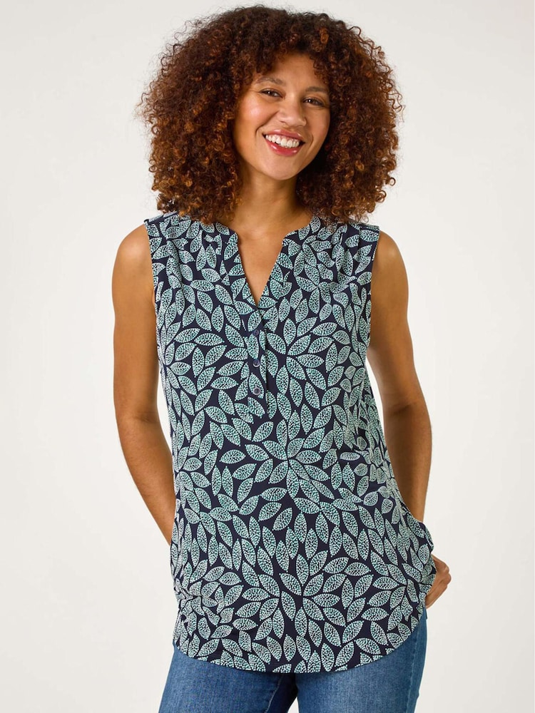Roman Blue Textured Leaf Print Stretch Top - Image 1 of 5