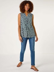 Roman Blue Textured Leaf Print Stretch Top - Image 2 of 5