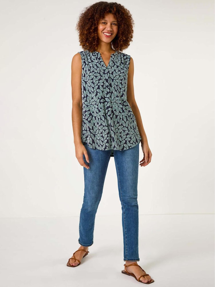 Roman Blue Textured Leaf Print Stretch Top - Image 2 of 5