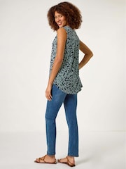 Roman Blue Textured Leaf Print Stretch Top - Image 3 of 5