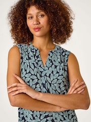 Roman Blue Textured Leaf Print Stretch Top - Image 4 of 5