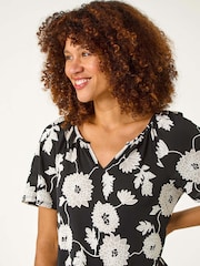 Roman Black Textured Floral Print V-Neck Stretch Top - Image 2 of 5