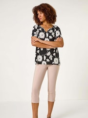 Roman Black Textured Floral Print V-Neck Stretch Top - Image 3 of 5