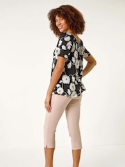 Roman Black Textured Floral Print V-Neck Stretch Top - Image 4 of 5