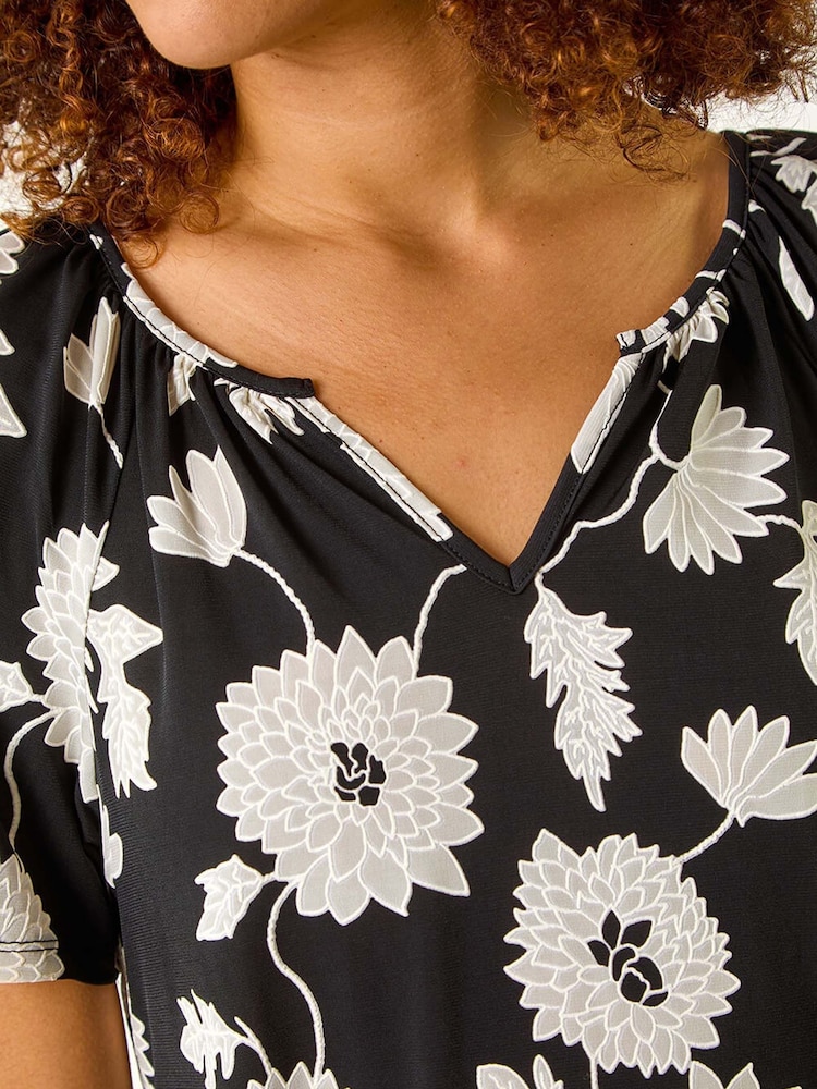 Roman Black Textured Floral Print V-Neck Stretch Top - Image 5 of 5