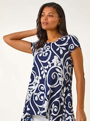 Roman Blue Floral Print Hanky Hem Tunic Top - Image 1 of 5