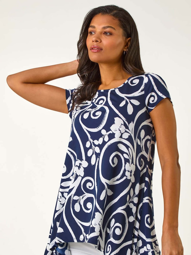 Roman Blue Floral Print Hanky Hem Tunic Top - Image 1 of 5