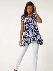Roman Blue Floral Print Hanky Hem Tunic Top - Image 2 of 5