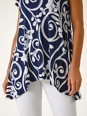 Roman Blue Floral Print Hanky Hem Tunic Top - Image 6 of 6