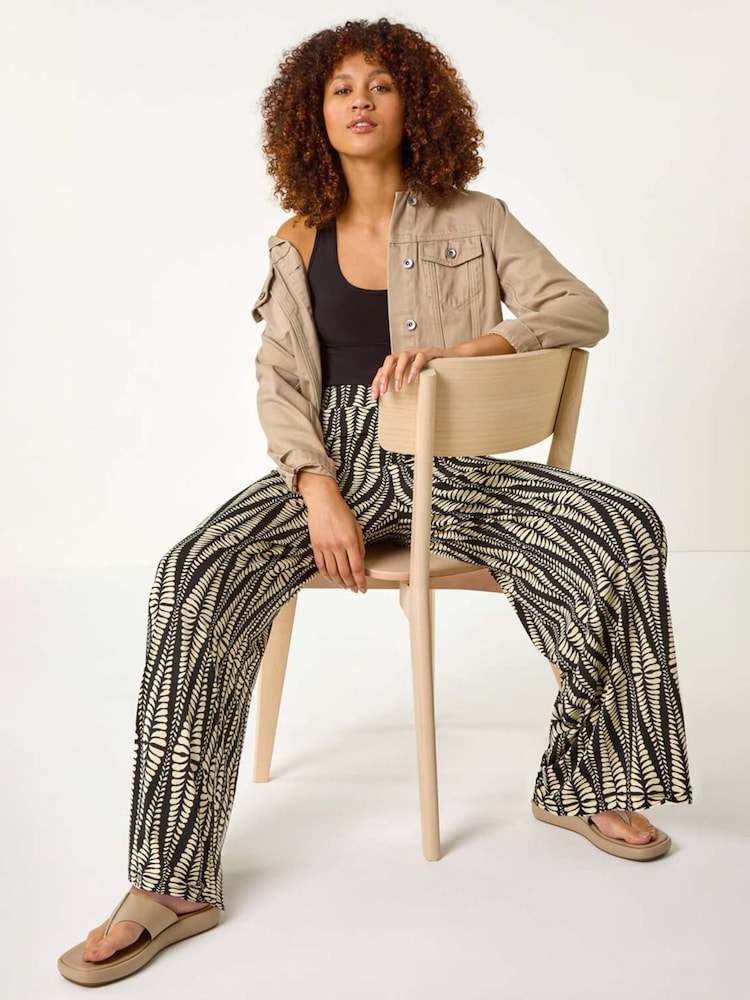 Roman Black Mono Print Wide Leg Stretch Trousers - Image 1 of 5