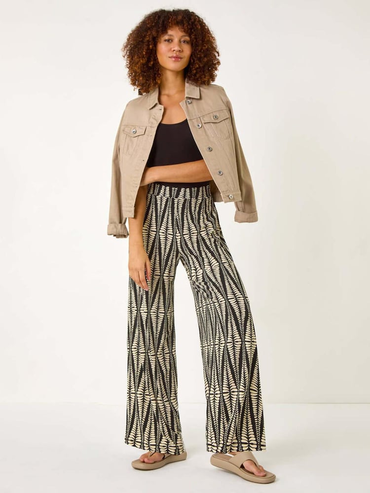 Roman Black Mono Print Wide Leg Stretch Trousers - Image 2 of 5