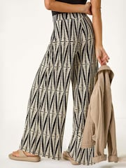 Roman Black Mono Print Wide Leg Stretch Trousers - Image 3 of 5