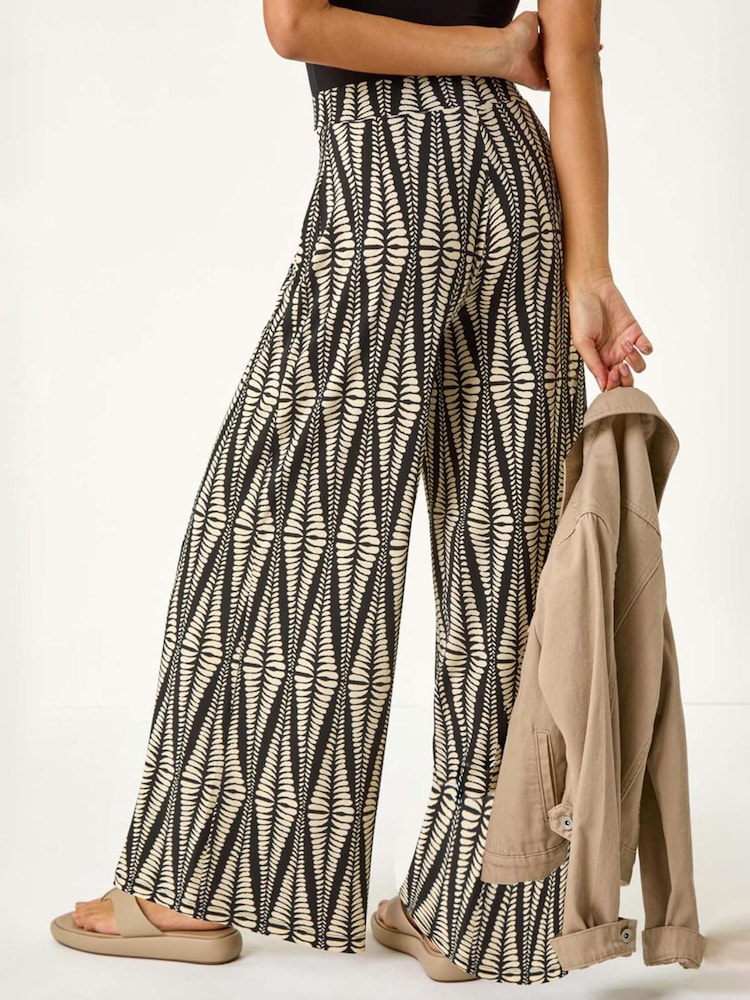 Roman Black Mono Print Wide Leg Stretch Trousers - Image 3 of 5