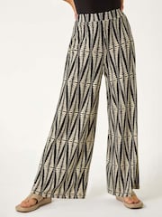 Roman Black Mono Print Wide Leg Stretch Trousers - Image 4 of 5