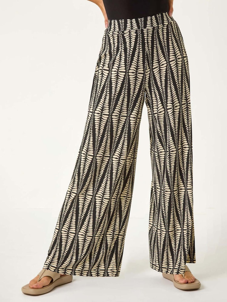 Roman Black Mono Print Wide Leg Stretch Trousers - Image 4 of 5