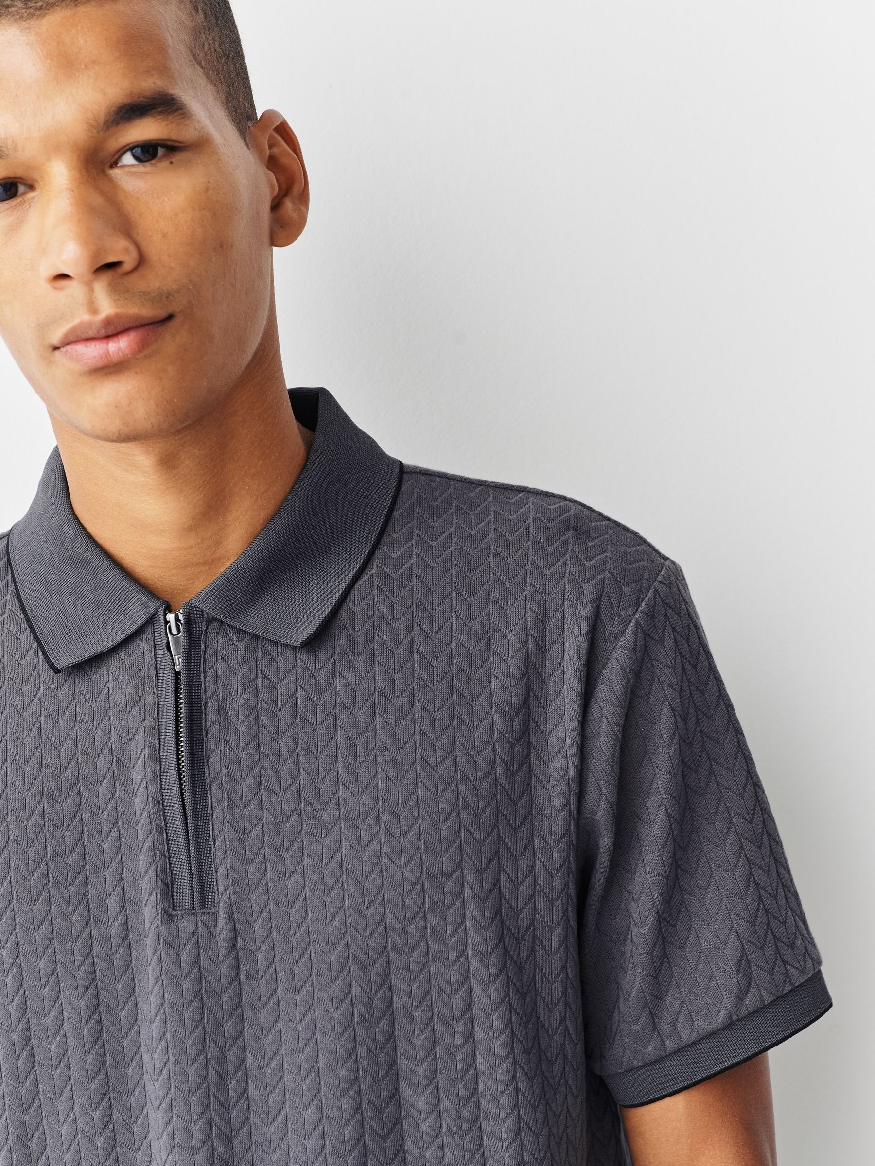 Buy Slate Grey Zip Neck N. Premium Smart Jaquard Polo Shirt from