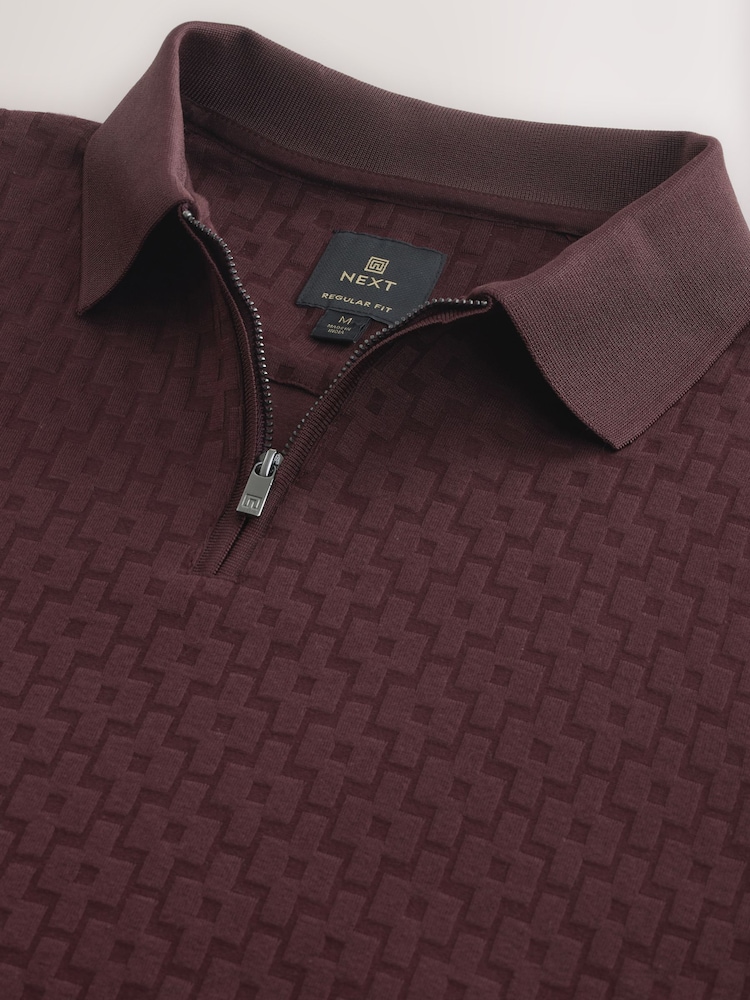 Burgundy Red Regular Fit Smart Quarter Zip Polo Shirt - Image 3 of 3