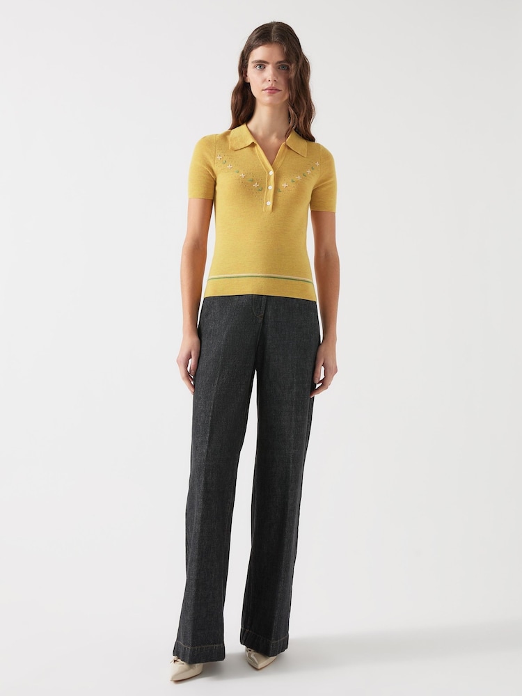 LK Bennett Yellow Yellow Fiona Cotton Blend Collar Stripe Floral Print Knit Top - Image 1 of 4